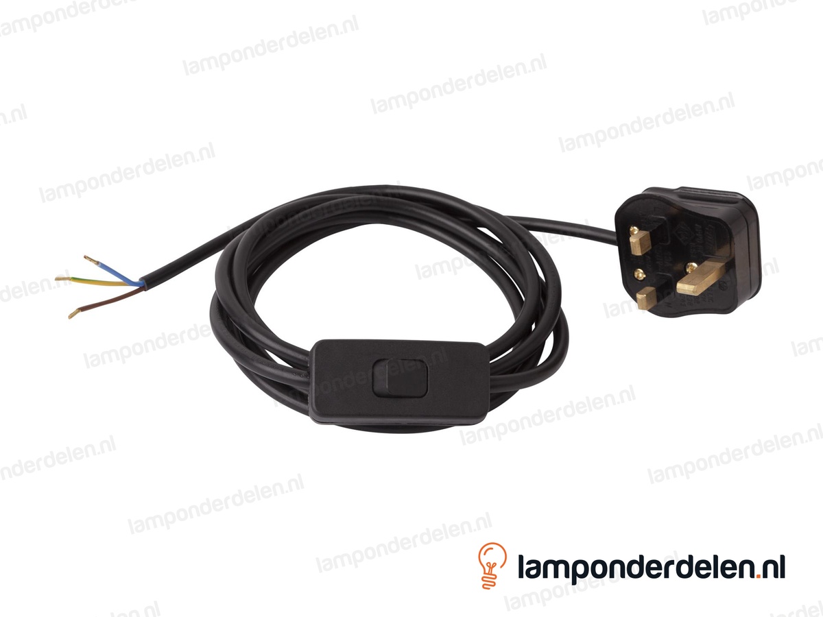 Aansluitsnoer zwart met snoerschakelaar en geaarde UK stekker - 3 x 0,75 mm² - lengte 2 meter