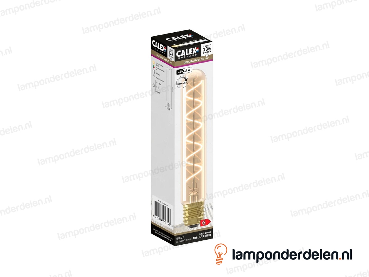 Calex flex filament LED buislamp - E27 - T32 - 185 mm - goud - 2,5 W - dimbaar