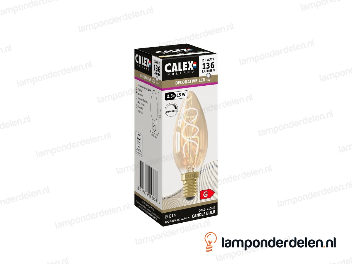 Calex flex filament LED kaarslamp - E14 - B35 - goud - 2,5 W - dimbaar