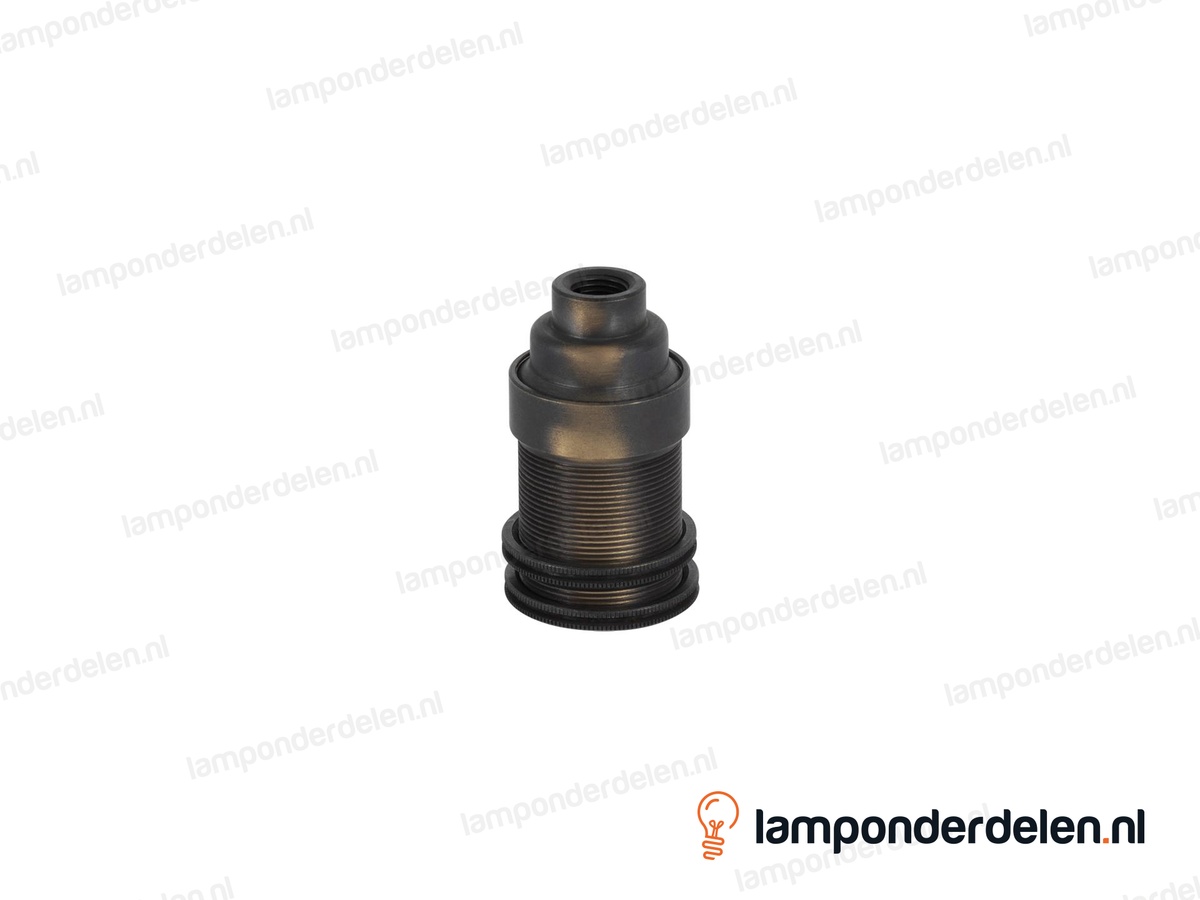 Fitting E14 messing geborsteld antiek doorlopend met twee fittingschroefringen en aarde-aansluiting