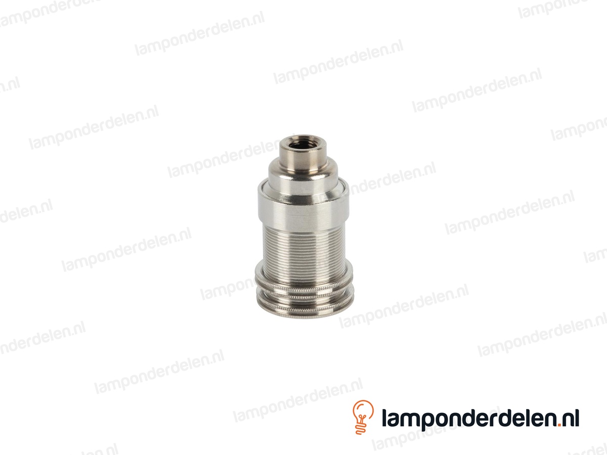 Fitting E14 messing nikkelkleurig doorlopend met twee fittingschroefringen en aarde-aansluiting