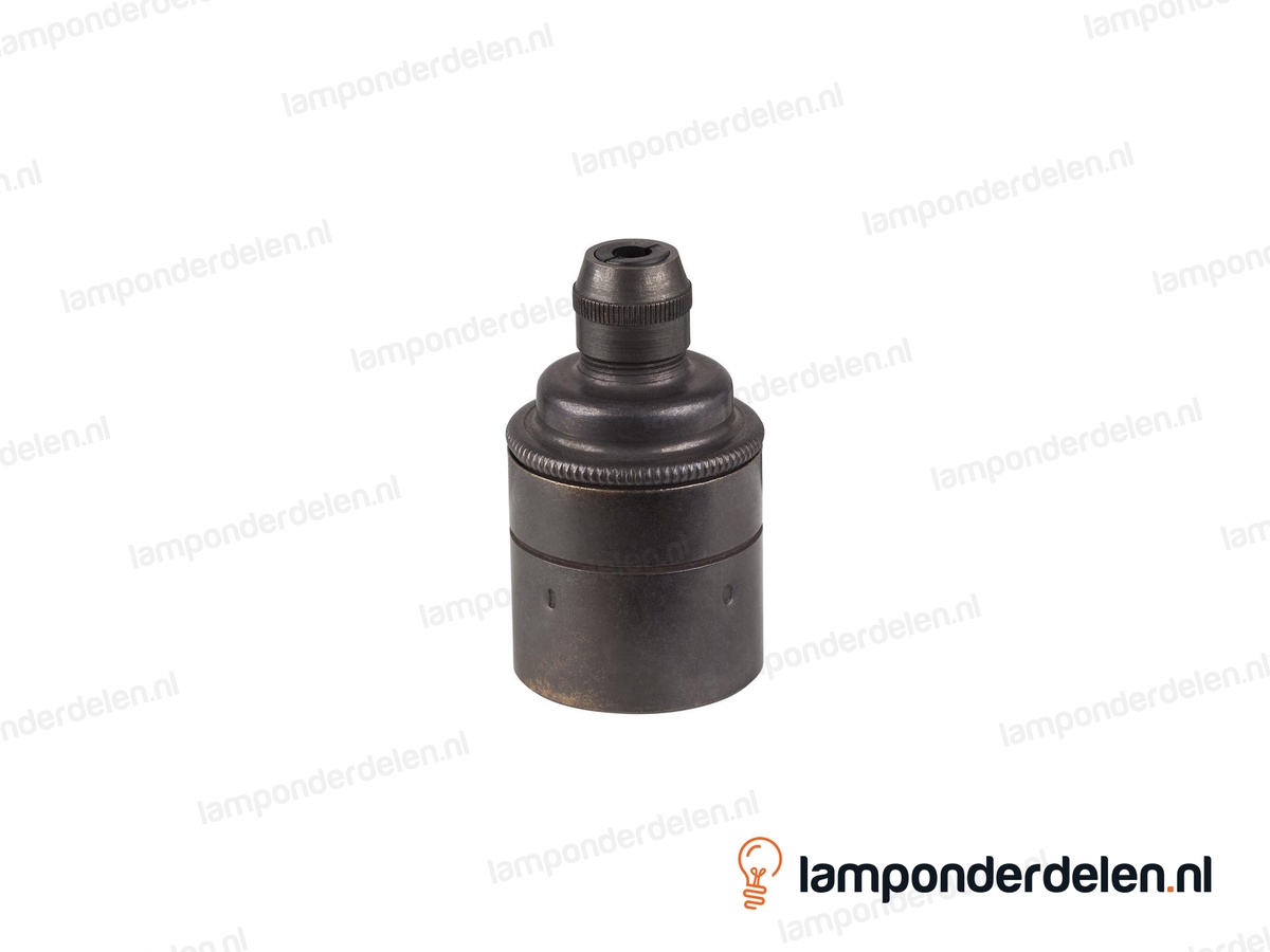 Fitting E27 messing donkerbronskleurig glad met trekontlaster en aarde-aansluiting