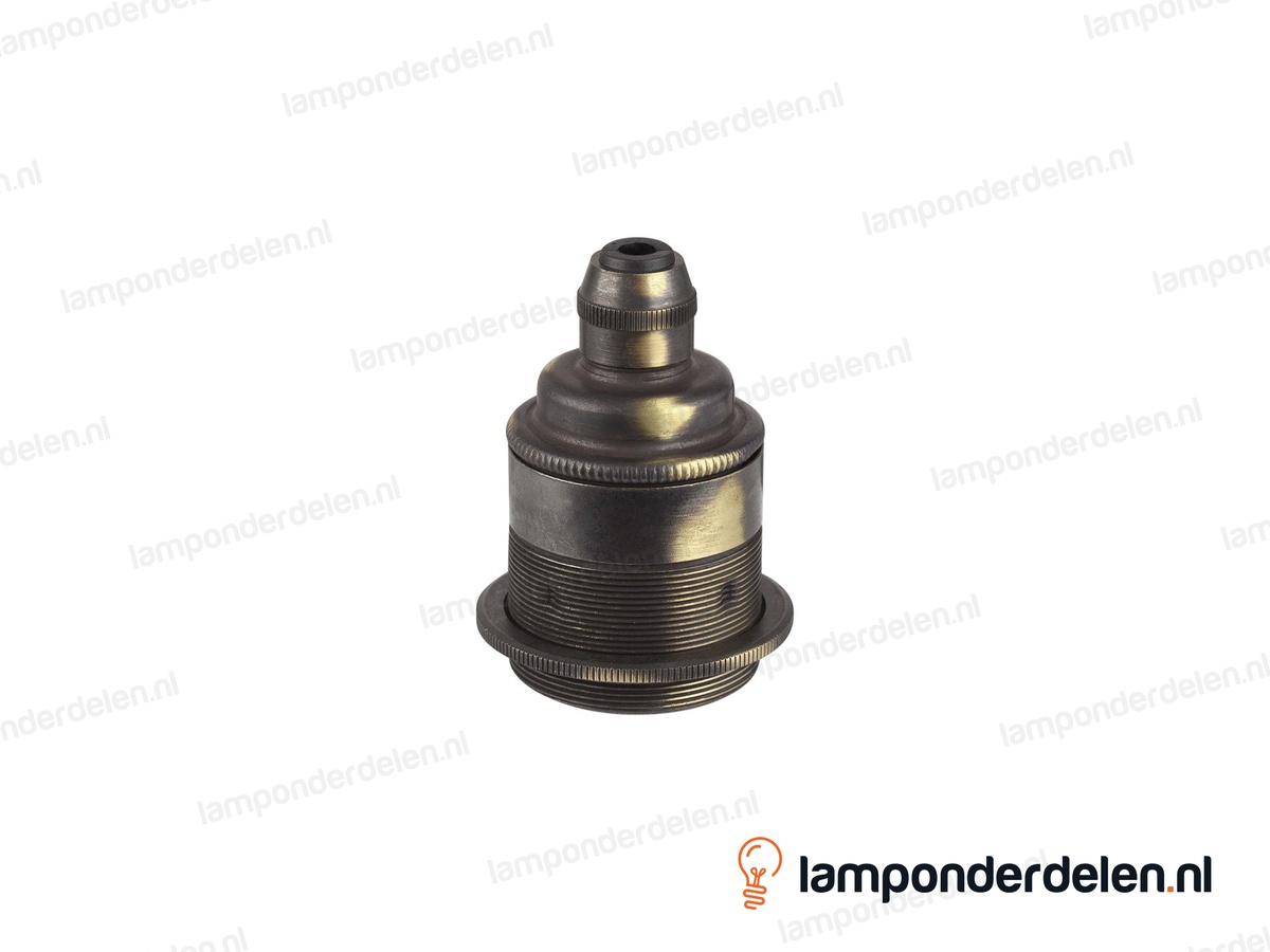 Fitting E27 messing geborsteld antiek doorlopend met één fittingschroefring, trekontlaster en aarde-aansluiting