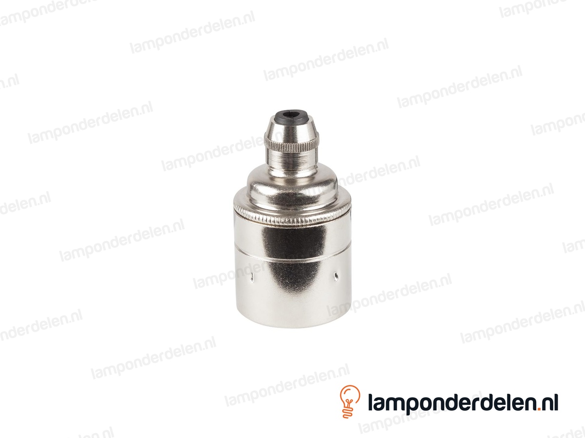 Fitting E27 messing nikkelkleurig glad met trekontlaster en aarde-aansluiting