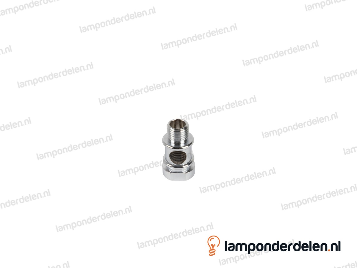 Koppelstuk messing chroomkleurig sierlijk met rond gat - hoogte 27 mm - binnendraad en buitendraad M10x1