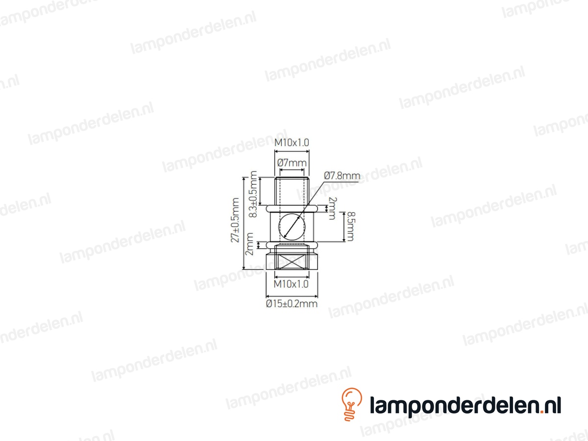 Koppelstuk messing sierlijk met rond gat - hoogte 27 mm - binnendraad en buitendraad M10x1
