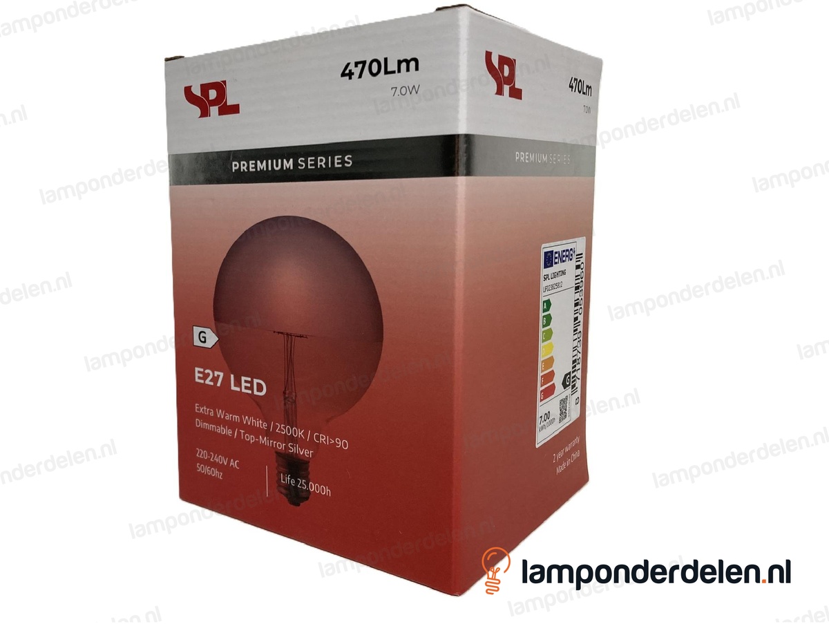 SPL filament LED kopspiegel globelamp - E27 - G125 - zilver - 7W - dimbaar
