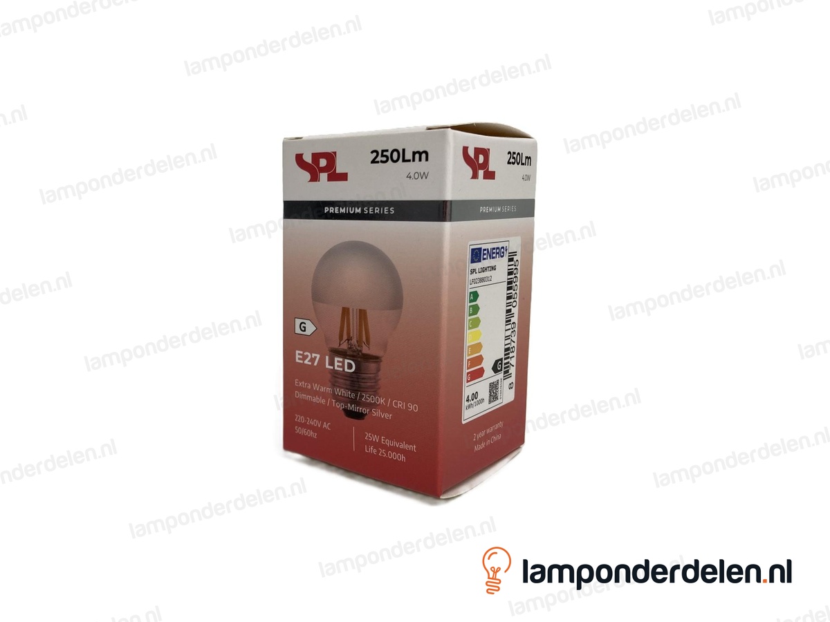 SPL filament LED kopspiegel kogellamp - E27 - P45 - zilver - 4W - dimbaar