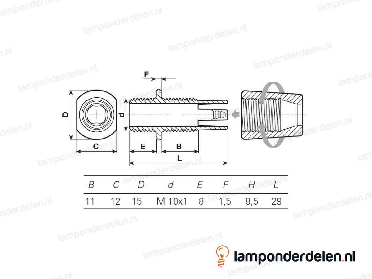 Trekontlaster kunststof wit 2-delig - lengte schroefdraad 8 mm - buitendraad M10x1