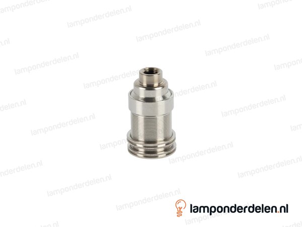 Fitting E14 messing nikkelkleurig doorlopend met twee fittingschroefringen en aarde-aansluiting