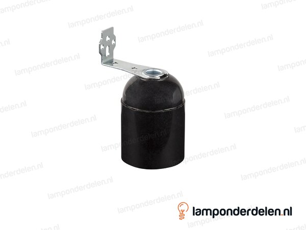 Fitting E27 bakeliet zwart glad met montagebeugel