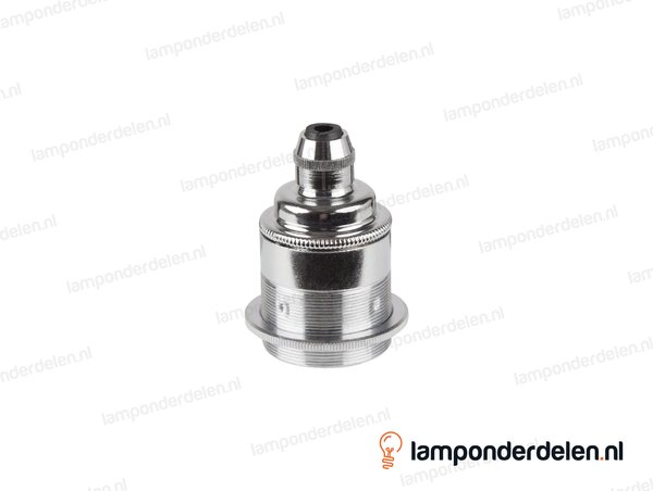 Fitting E27 messing chroomkleurig doorlopend met één fittingschroefring, trekontlaster en aarde-aansluiting