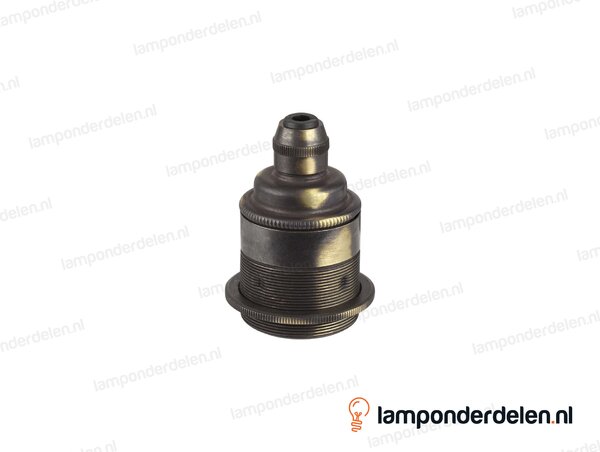Fitting E27 messing geborsteld antiek doorlopend met één fittingschroefring, trekontlaster en aarde-aansluiting
