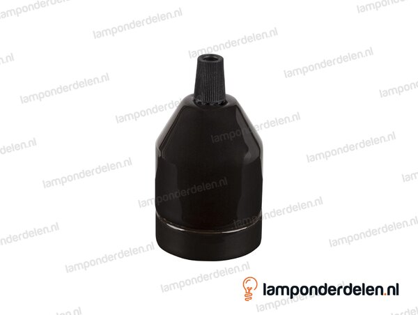 Fitting E27 porselein zwart met trekontlaster