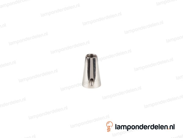 Staalkabel bevestigingsbus messing nikkelkleurig conisch - gat voor staalkabel - binnendraad M10x1 - bevestigingsgat 5 mm